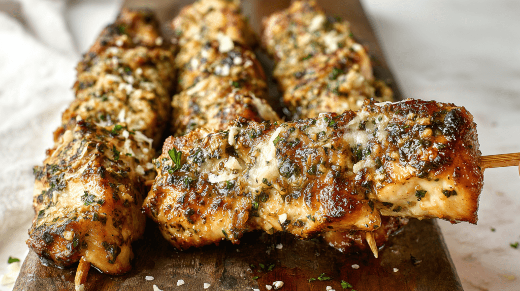 ranch garlic parmesan chicken skewers grilled with parsley and parmesan