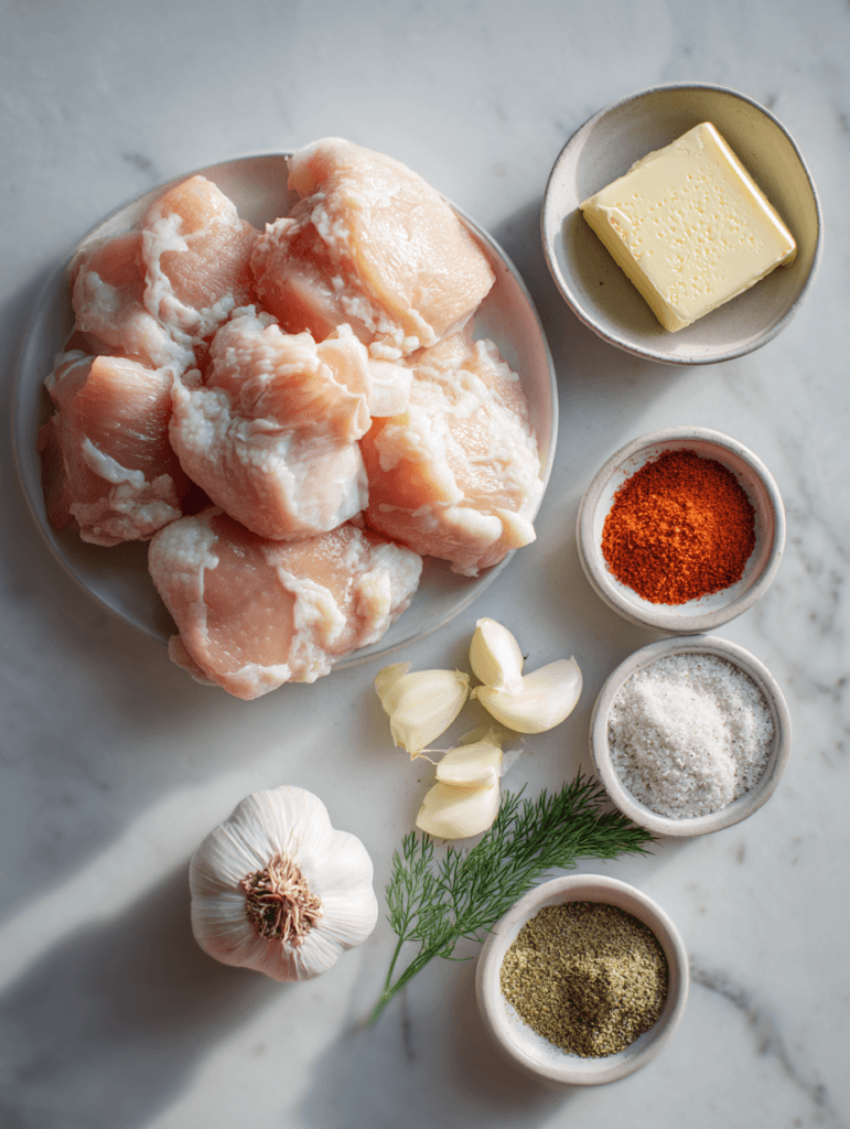 ranch garlic parmesan chicken skewers ingredients on marble countertop