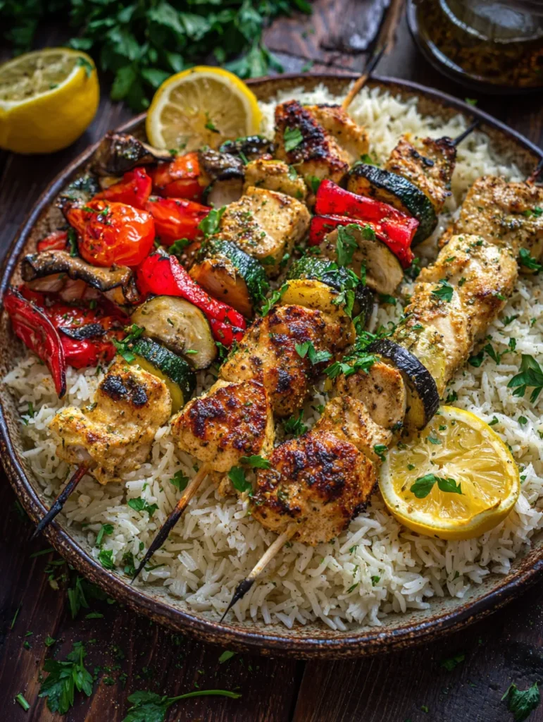 ranch garlic parmesan chicken skewers served with rice and vegetables