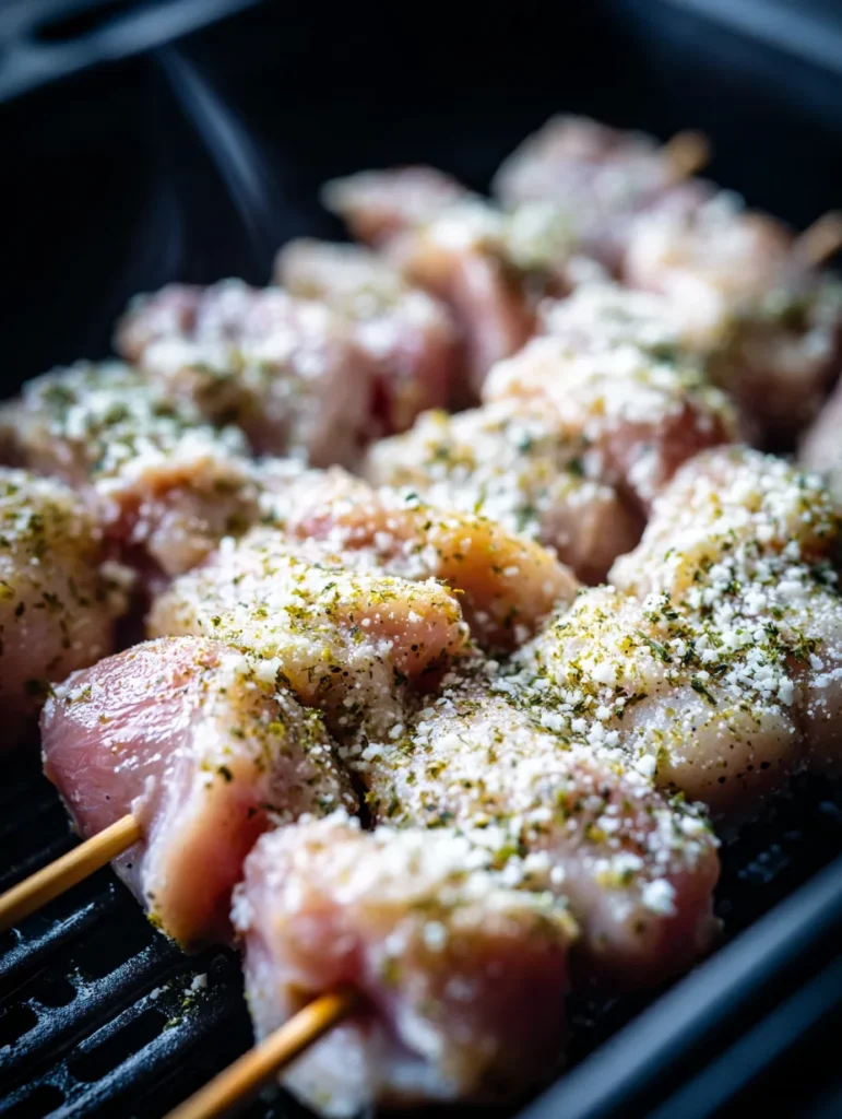 ranch garlic parmesan chicken skewers raw and seasoned on tray