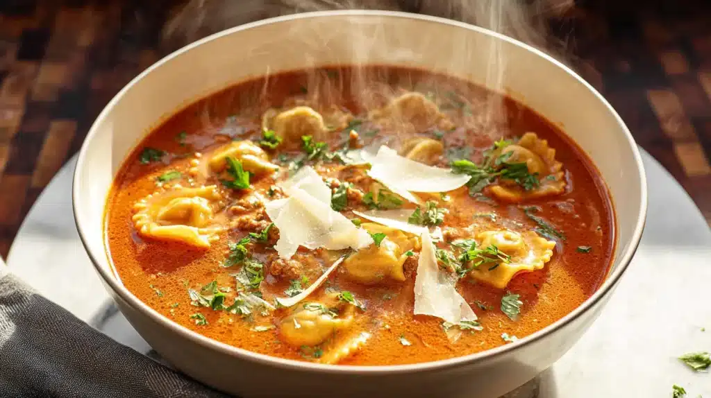 Ravioli Soup with spinach, sausage, and cheese ravioli