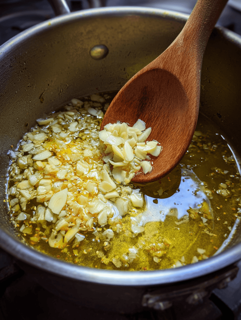 Garlic and onion being sautéed in olive oil