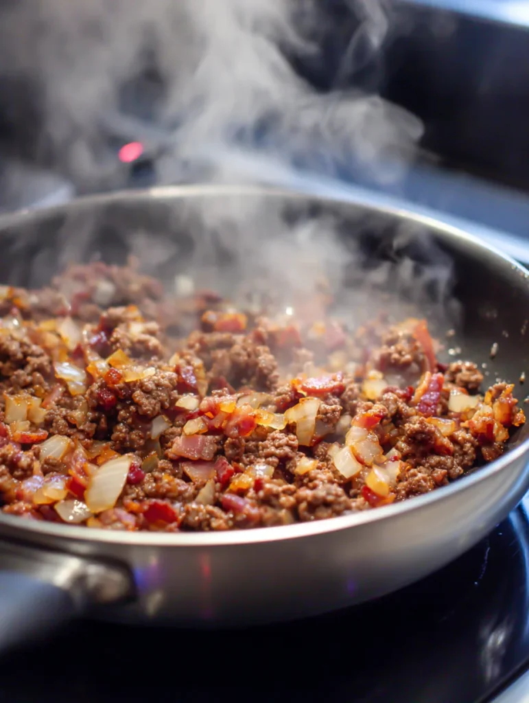 sautéed beef and bacon for casserole