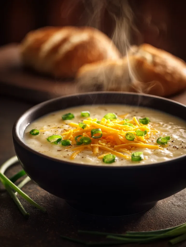 Bowl of 4 Ingredient Potato Soup with cheese and green onions