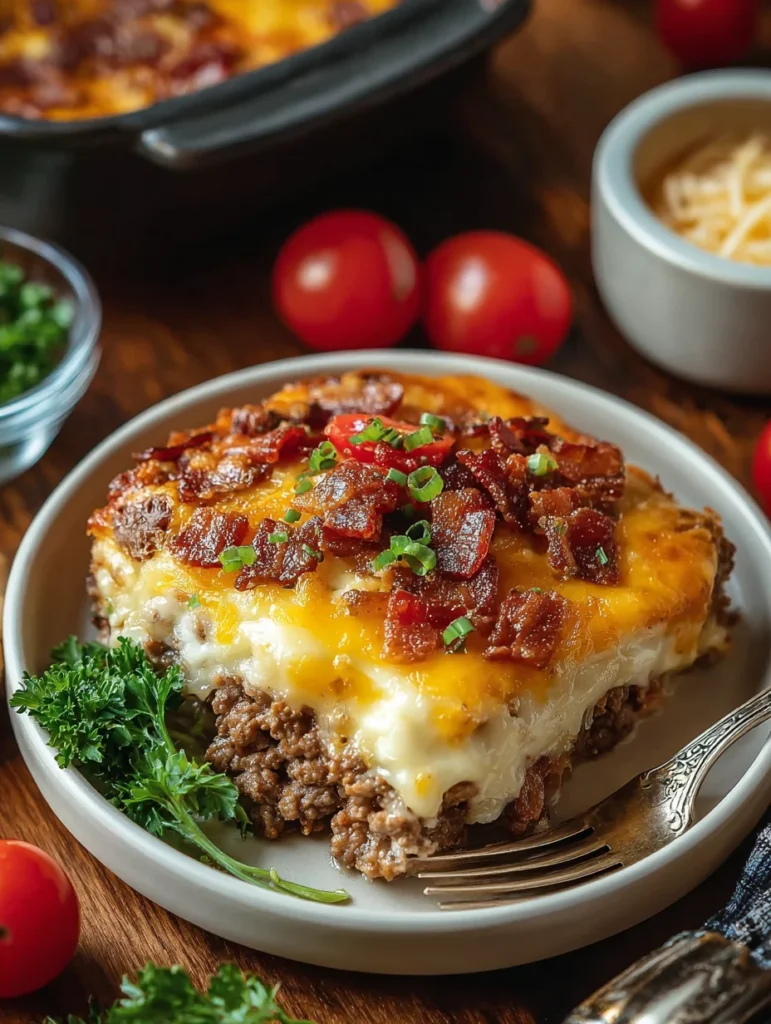 served slice of bacon cheeseburger casserole