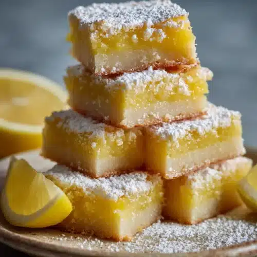 Sliced gluten free lemon bars with lemon wedges