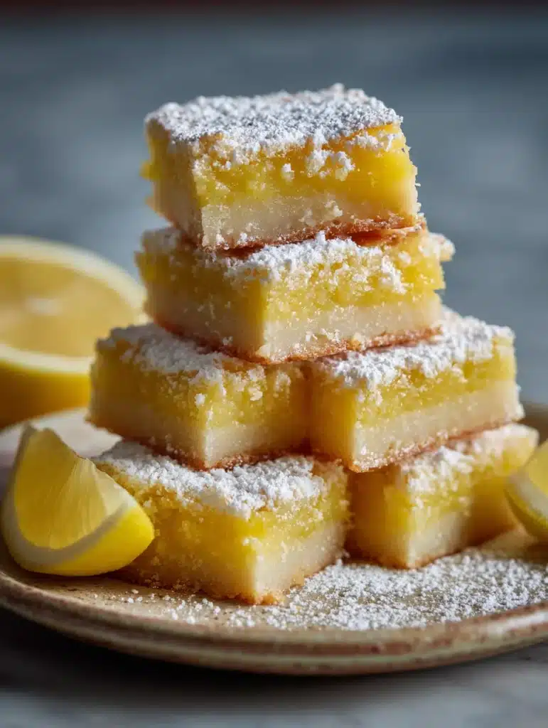 Sliced gluten free lemon bars with lemon wedges