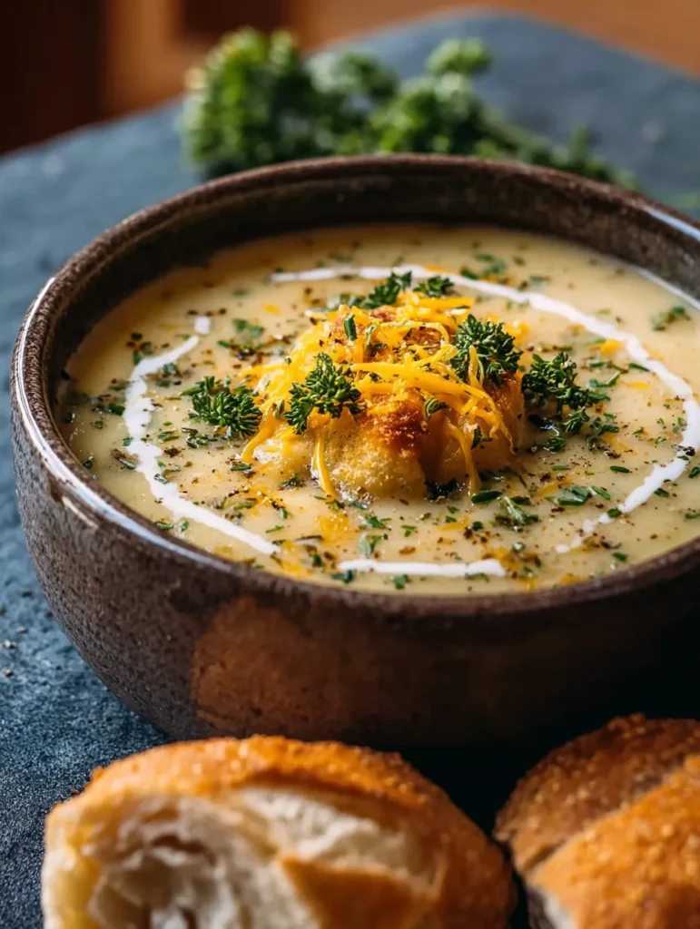 serving hearty cheddar garlic herb potato soup with bread