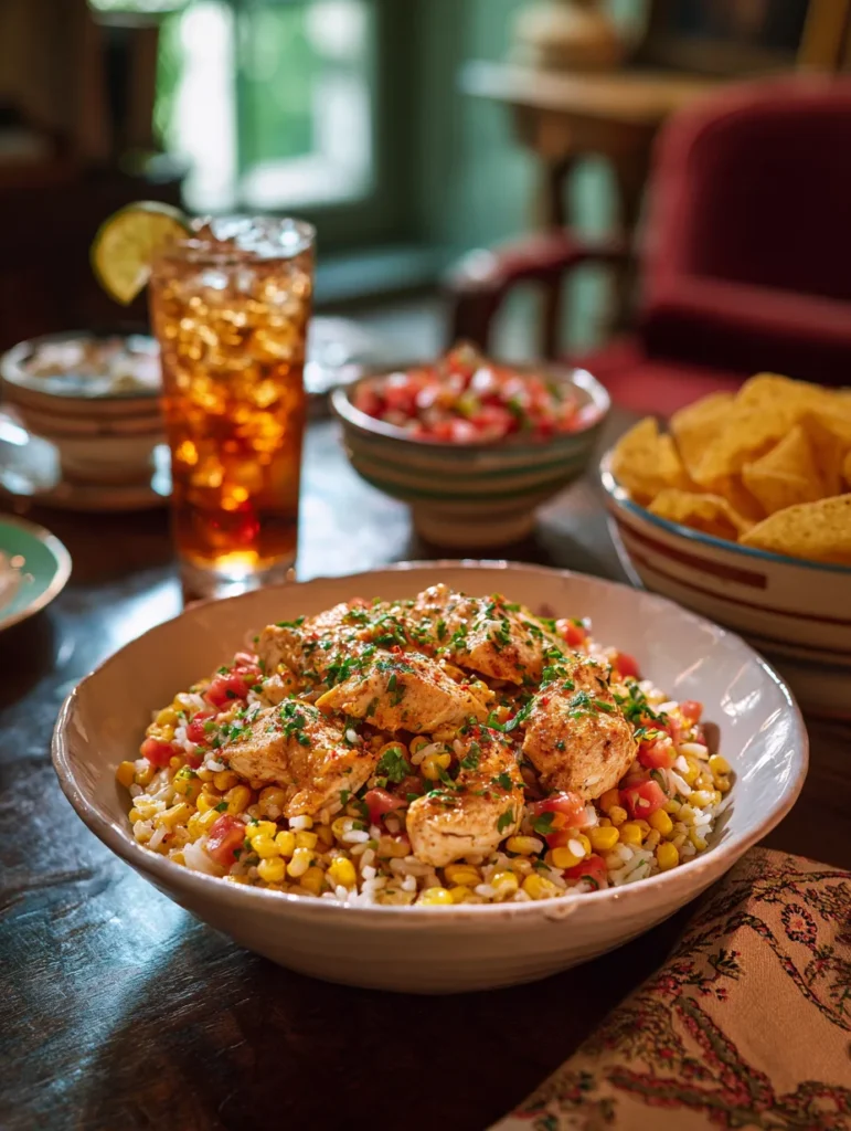 Serving street corn chicken rice bowl with sides