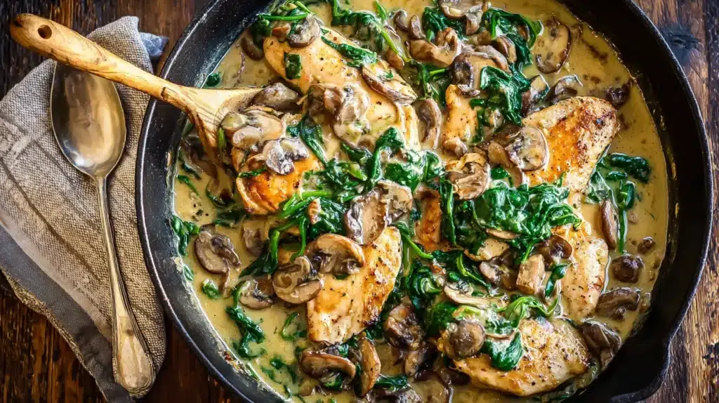 spinach mushroom chicken in garlic wine sauce