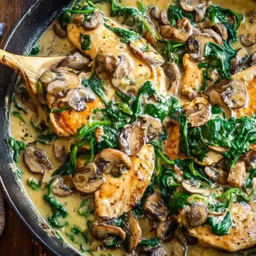 spinach mushroom chicken in garlic wine sauce