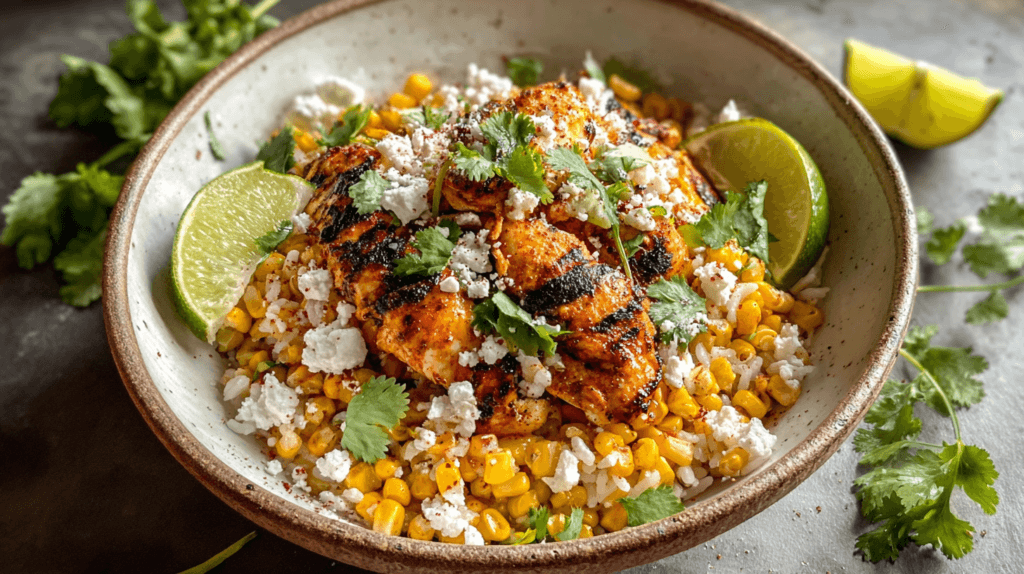 Street corn chicken rice bowl with Cotija and lime