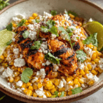 Street corn chicken rice bowl with Cotija and lime