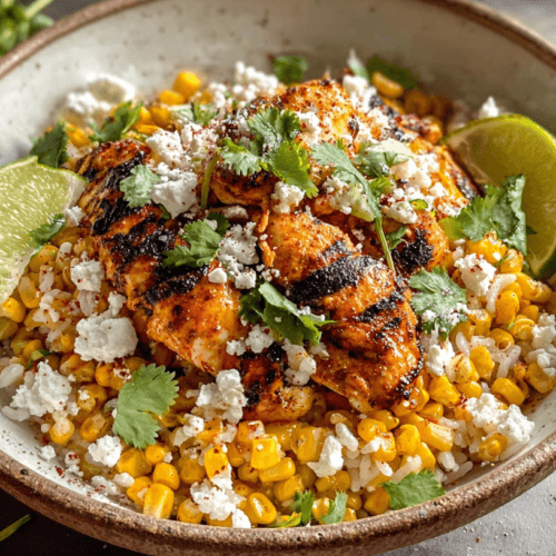 Street corn chicken rice bowl with Cotija and lime