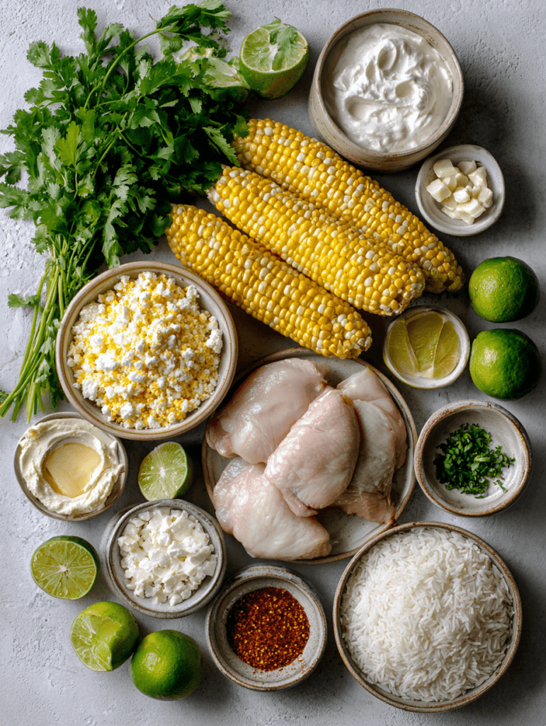 Street corn chicken rice bowl ingredients flat lay