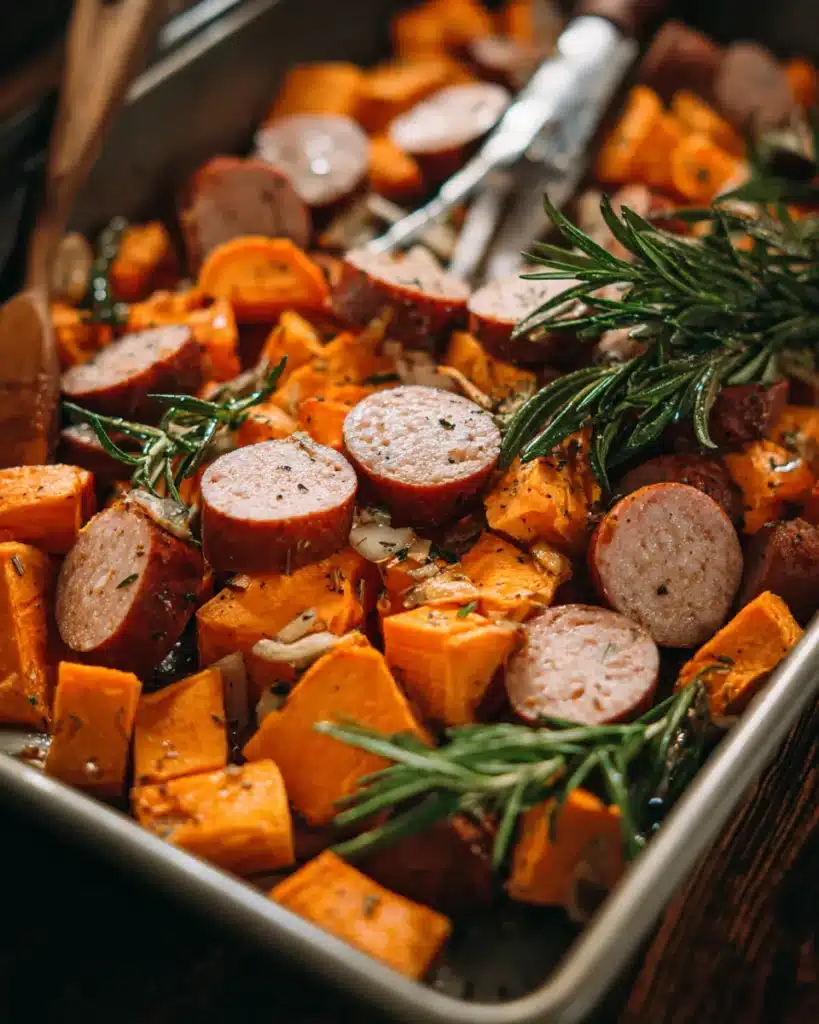 Adding sausage to Honey Garlic Sausage Sweet Potatoes