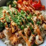 Bang Bang Chicken Bowl with rice, chicken, and sauce