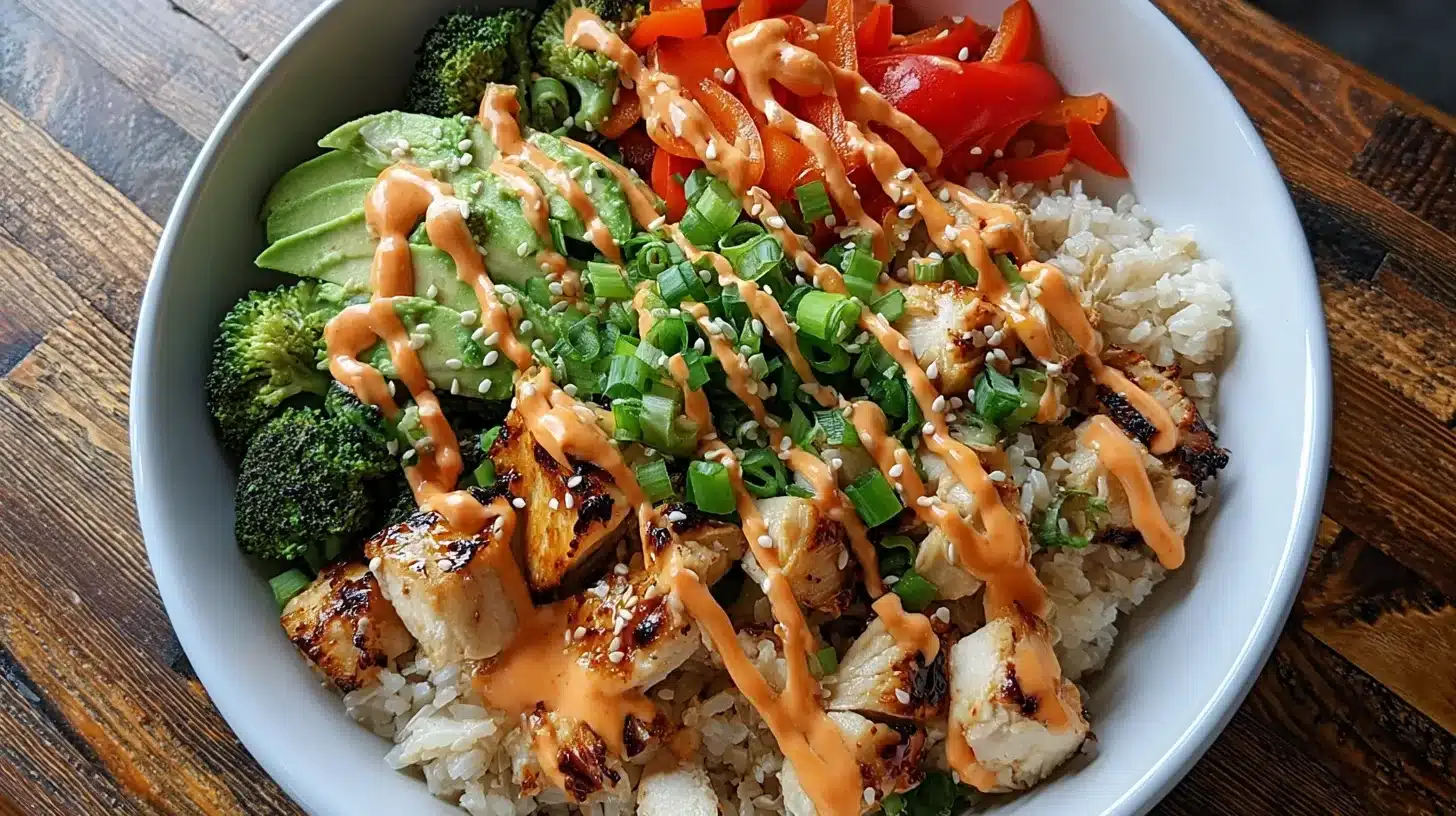 Bang Bang Chicken Bowl with rice, chicken, and sauce