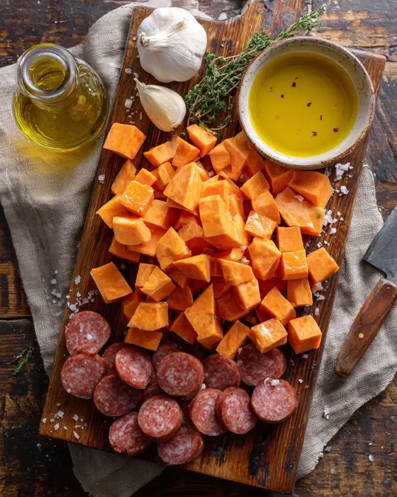 Ingredients for Honey Garlic Sausage Sweet Potatoes