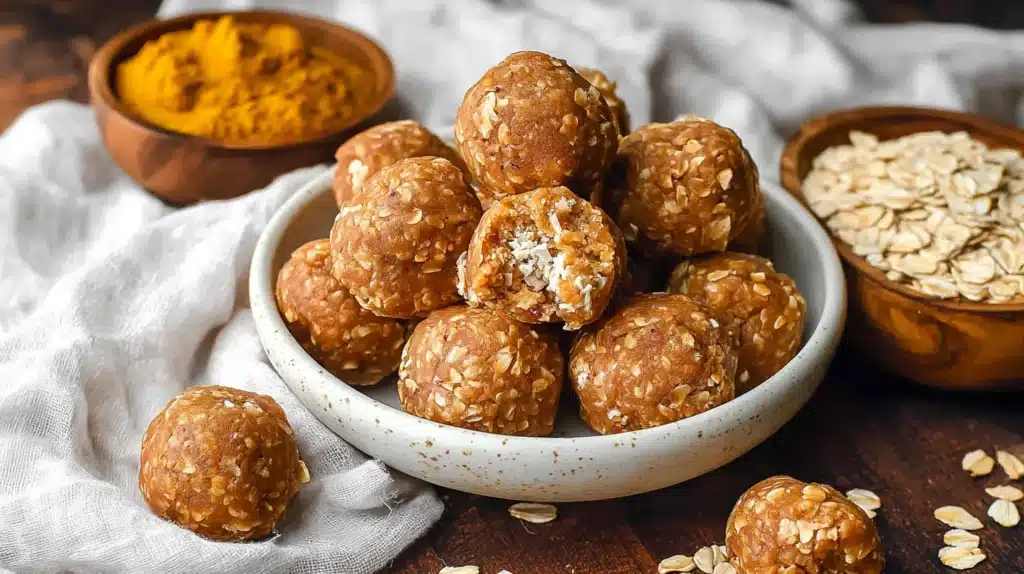 Pumpkin Protein Balls on a plate with oats and pumpkin