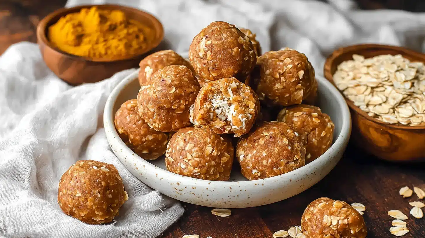Pumpkin Protein Balls on a plate with oats and pumpkin