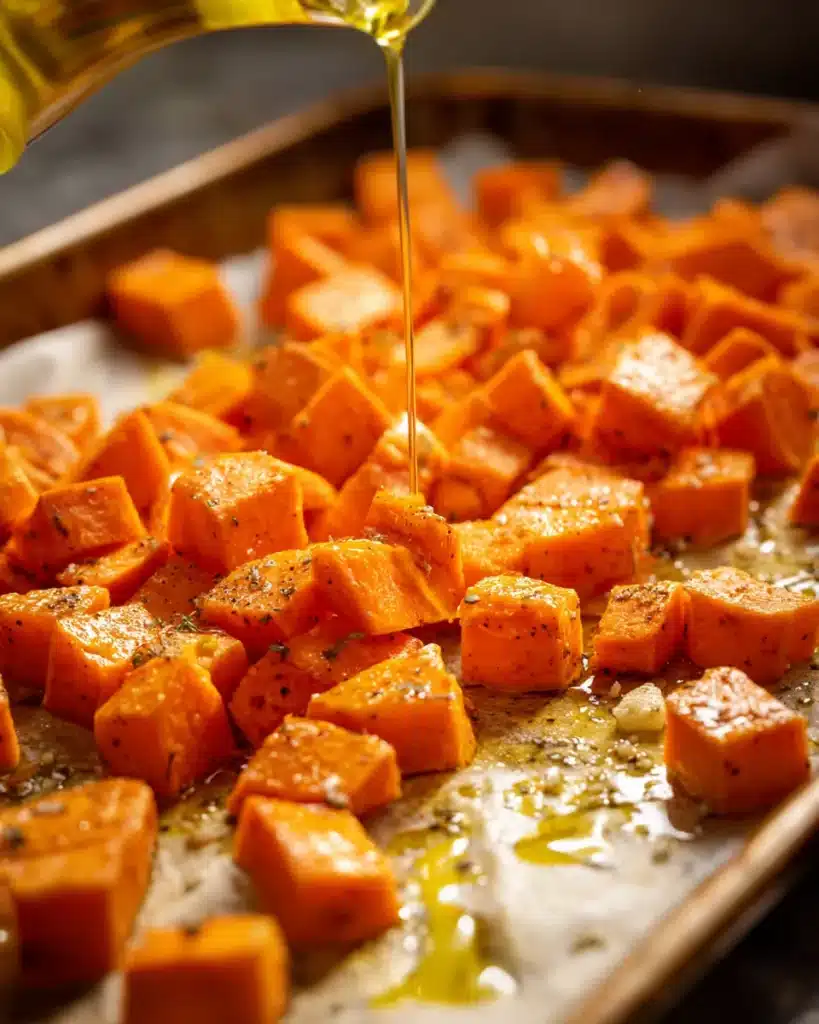Roasting sweet potatoes for Honey Garlic Sausage Sweet Potatoes
