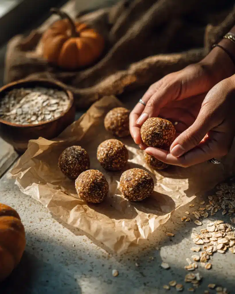 Rolling Pumpkin Protein Balls on parchment paper