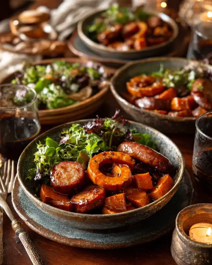 Serving Honey Garlic Sausage Sweet Potatoes for dinner
