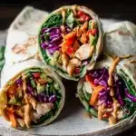 Thai peanut chicken wraps on rustic plate