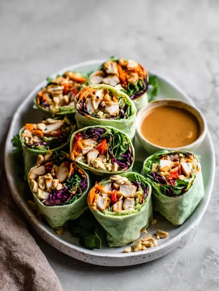 Thai peanut chicken wraps platter with sauce