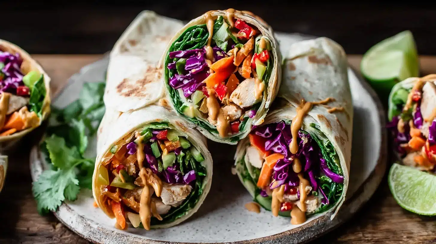 Thai peanut chicken wraps on rustic plate